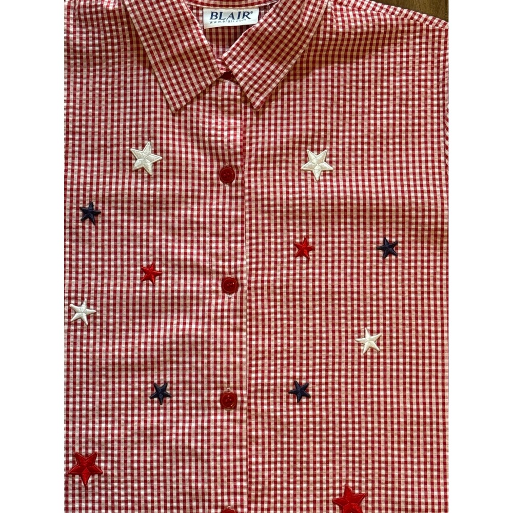 Blair Womens Red White Gingham Star Embroidered Button Up Shirt Americana Top L?